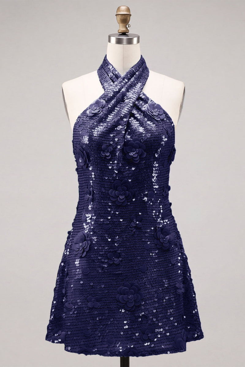 Laden Sie das Bild in den Galerie-Viewer, Blaues Neckholderhals A-Linie Blumen Kurzes Abendkleid mit Pailletten