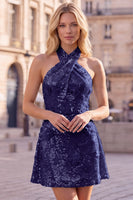 Laden Sie das Bild in den Galerie-Viewer, Blaues Neckholderhals A-Linie Blumen Kurzes Abendkleid mit Pailletten