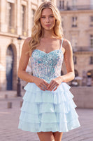 Laden Sie das Bild in den Galerie-Viewer, Pailletten Flieder Korsett A-Linie Gestuftes Gestuftes Kurzes Abendkleid mit Rüschen