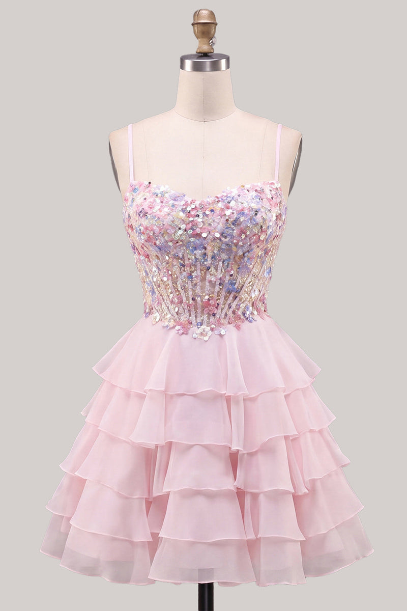 Laden Sie das Bild in den Galerie-Viewer, Pailletten Flieder Korsett A-Linie Gestuftes Gestuftes Kurzes Abendkleid mit Rüschen