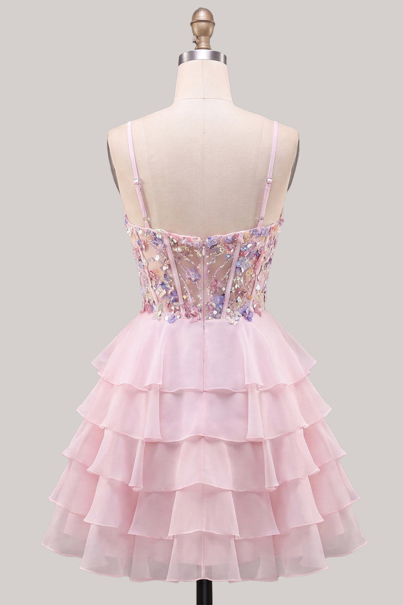 Laden Sie das Bild in den Galerie-Viewer, Pailletten Flieder Korsett A-Linie Gestuftes Gestuftes Kurzes Abendkleid mit Rüschen