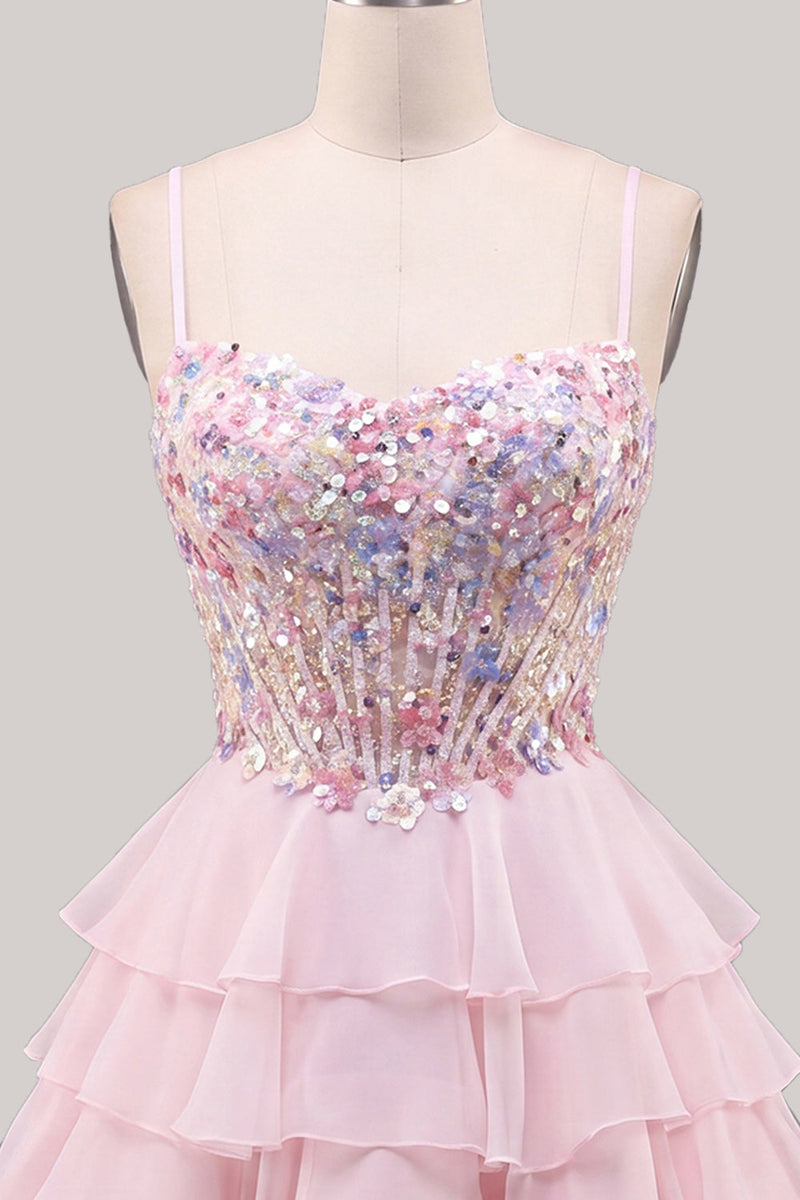 Laden Sie das Bild in den Galerie-Viewer, Pailletten Flieder Korsett A-Linie Gestuftes Gestuftes Kurzes Abendkleid mit Rüschen