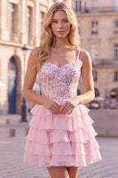 Laden Sie das Bild in den Galerie-Viewer, Pailletten Flieder Korsett A-Linie Gestuftes Gestuftes Kurzes Abendkleid mit Rüschen