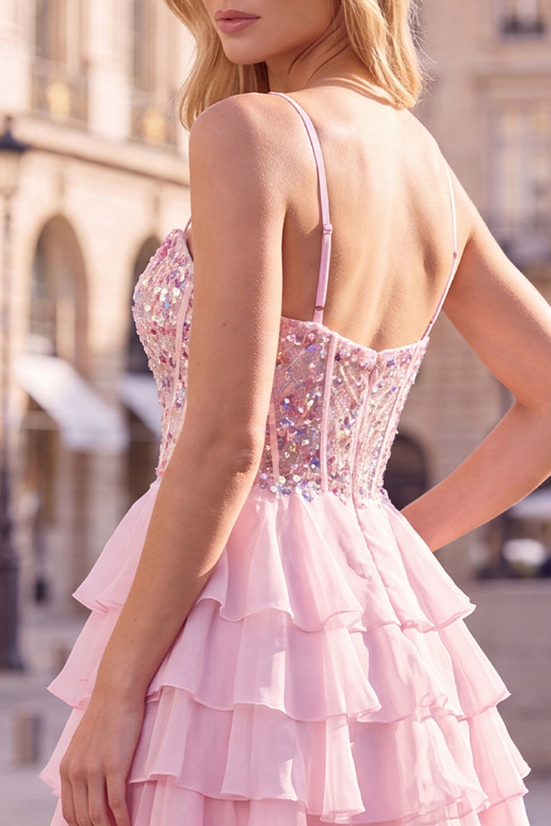 Laden Sie das Bild in den Galerie-Viewer, Pailletten Flieder Korsett A-Linie Gestuftes Gestuftes Kurzes Abendkleid mit Rüschen