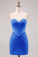 Laden Sie das Bild in den Galerie-Viewer, Sweetheart Blaues Kosett Bodycon Perlenbesticktes Kurzes Abendkleid