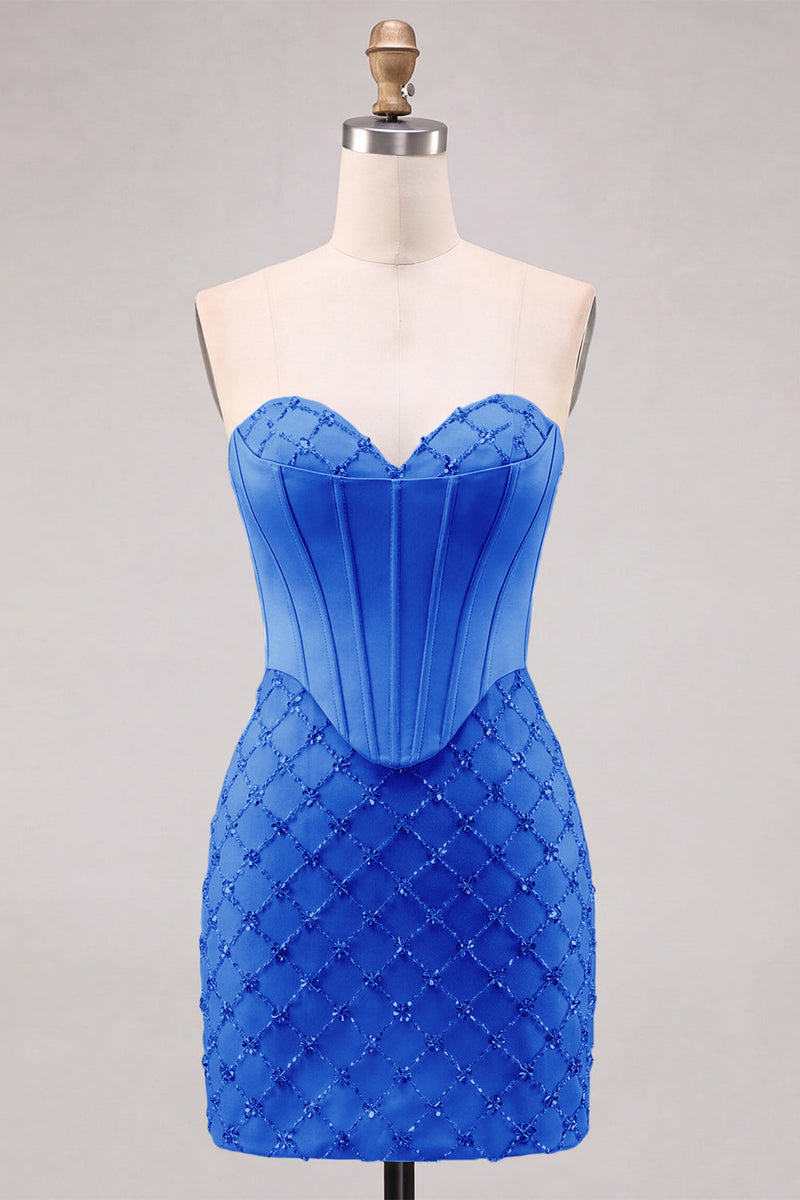 Laden Sie das Bild in den Galerie-Viewer, Sweetheart Blaues Kosett Bodycon Perlenbesticktes Kurzes Abendkleid