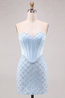 Laden Sie das Bild in den Galerie-Viewer, Sweetheart Blaues Kosett Bodycon Perlenbesticktes Kurzes Abendkleid