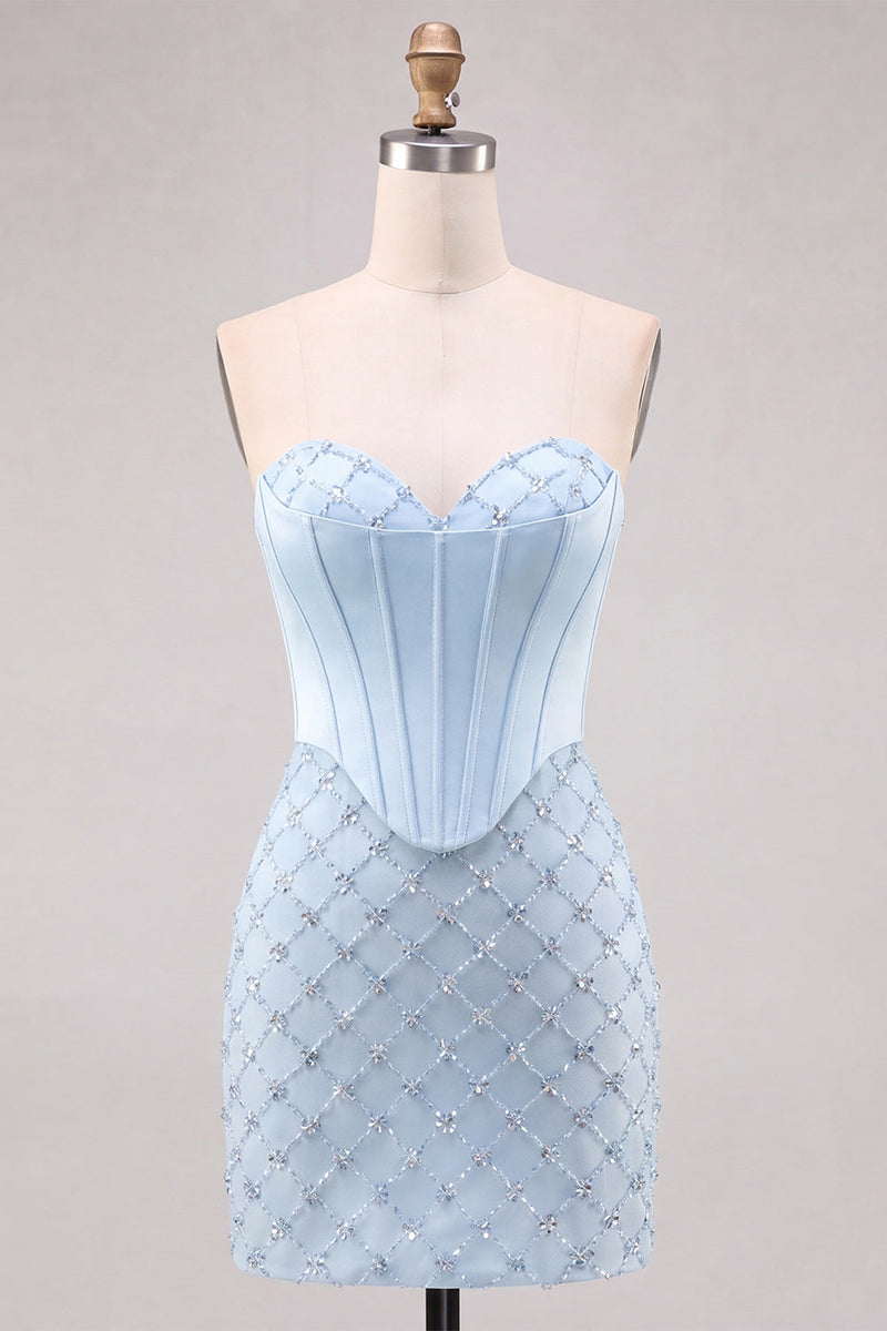 Laden Sie das Bild in den Galerie-Viewer, Sweetheart Blaues Kosett Bodycon Perlenbesticktes Kurzes Abendkleid