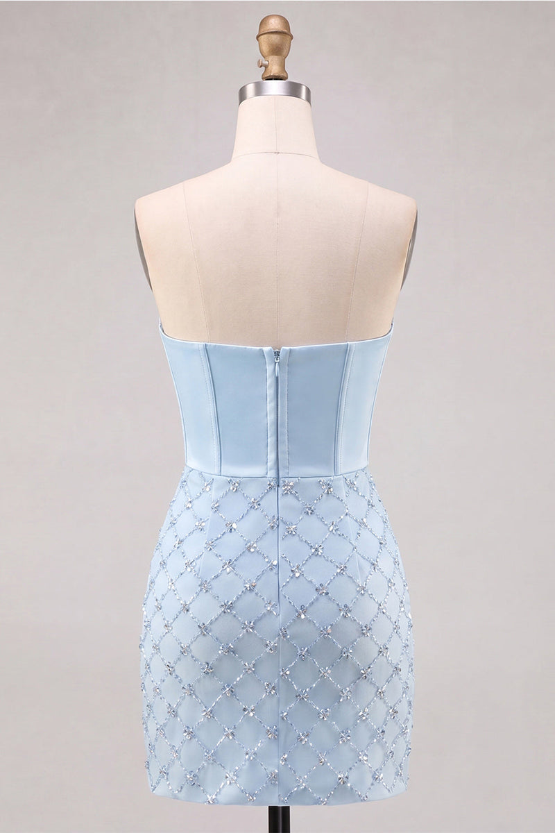 Laden Sie das Bild in den Galerie-Viewer, Sweetheart Blaues Kosett Bodycon Perlenbesticktes Kurzes Abendkleid