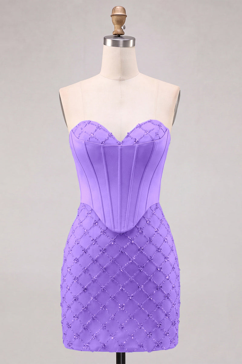Laden Sie das Bild in den Galerie-Viewer, Sweetheart Blaues Kosett Bodycon Perlenbesticktes Kurzes Abendkleid