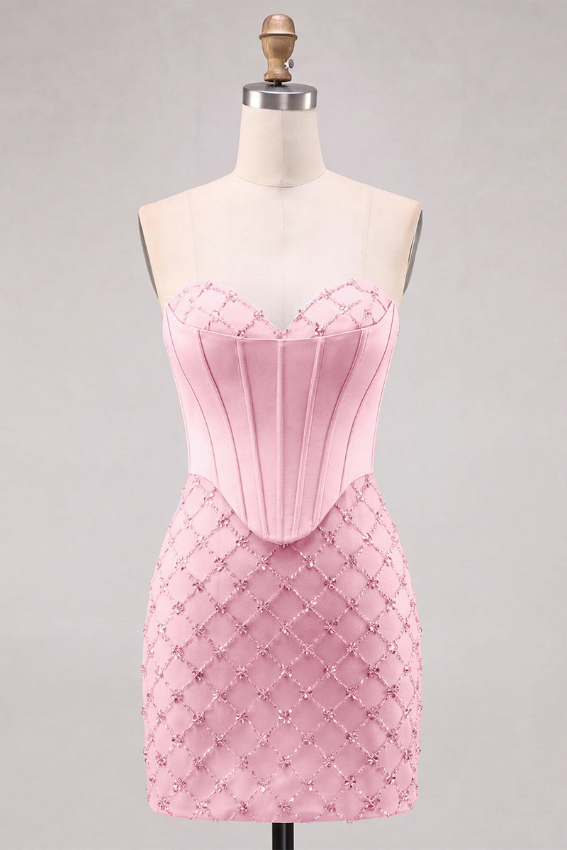 Laden Sie das Bild in den Galerie-Viewer, Sweetheart Blaues Kosett Bodycon Perlenbesticktes Kurzes Abendkleid