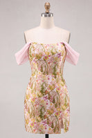 Laden Sie das Bild in den Galerie-Viewer, Rosa Blume Off-the-Shoulder Bodycon Kurzes Abendkleid