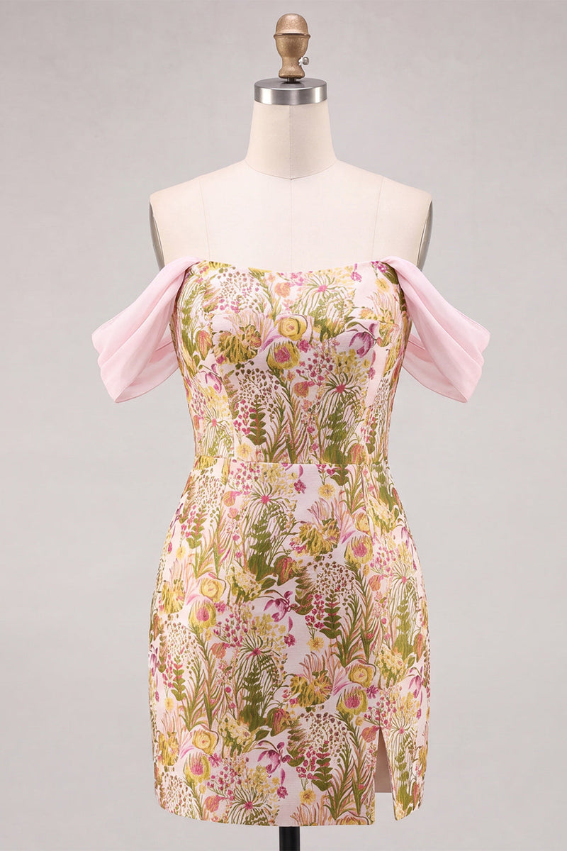 Laden Sie das Bild in den Galerie-Viewer, Rosa Blume Off-the-Shoulder Bodycon Kurzes Abendkleid