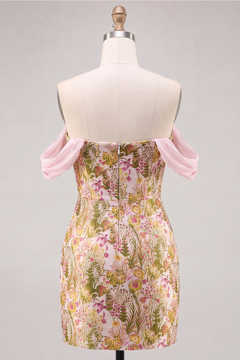Laden Sie das Bild in den Galerie-Viewer, Rosa Blume Off-the-Shoulder Bodycon Kurzes Abendkleid