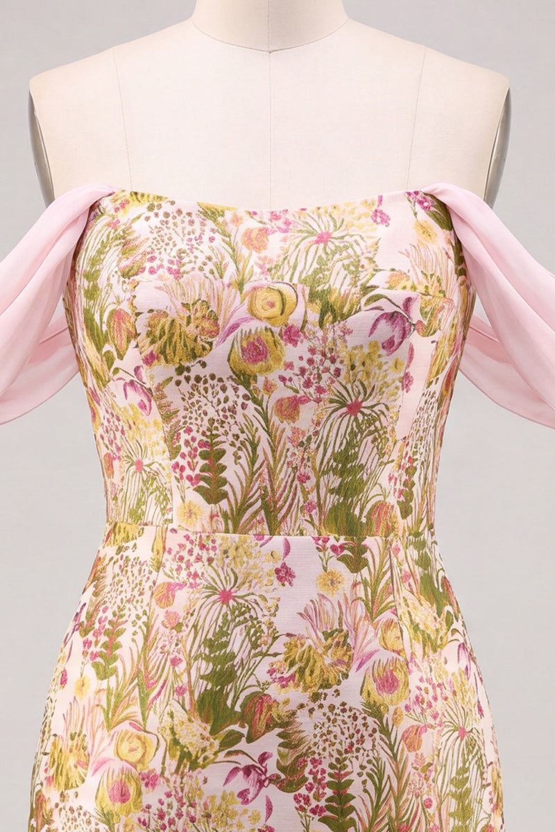 Laden Sie das Bild in den Galerie-Viewer, Rosa Blume Off-the-Shoulder Bodycon Kurzes Abendkleid
