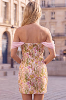 Laden Sie das Bild in den Galerie-Viewer, Rosa Blume Off-the-Shoulder Bodycon Kurzes Abendkleid