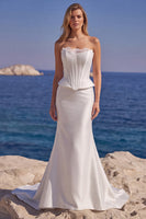 Laden Sie das Bild in den Galerie-Viewer, Weißes Trägerloses Korsett Satin Langes Meerjungfrauen Hochzeitskleid