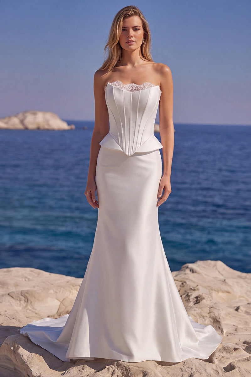 Laden Sie das Bild in den Galerie-Viewer, Weißes Trägerloses Korsett Satin Langes Meerjungfrauen Hochzeitskleid
