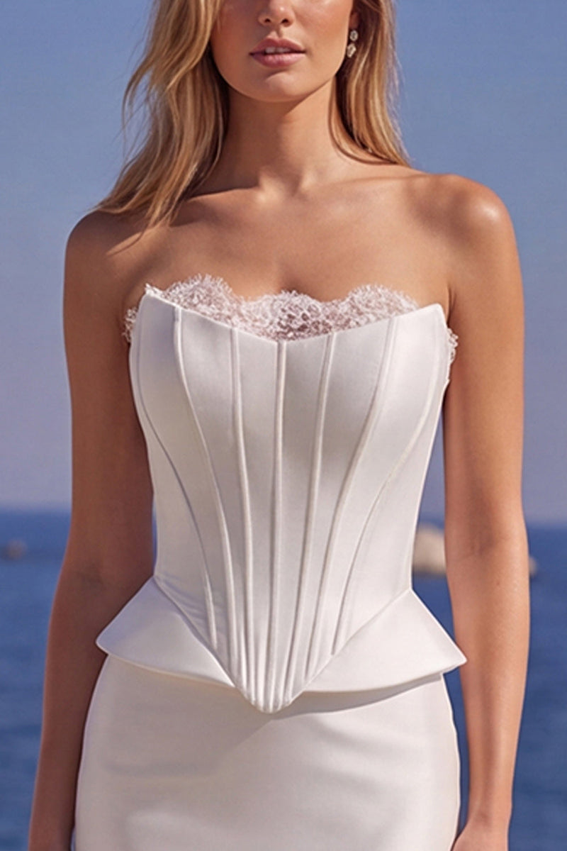 Laden Sie das Bild in den Galerie-Viewer, Weißes Trägerloses Korsett Satin Langes Meerjungfrauen Hochzeitskleid