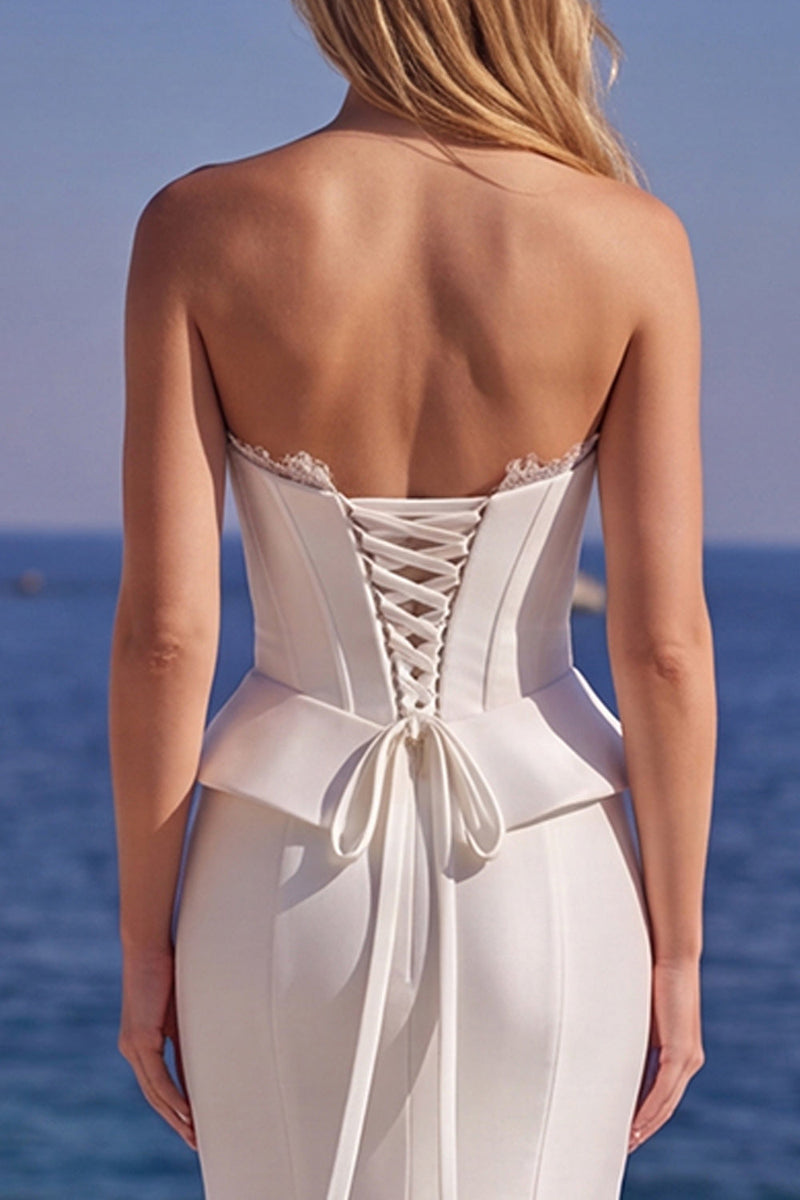 Laden Sie das Bild in den Galerie-Viewer, Weißes Trägerloses Korsett Satin Langes Meerjungfrauen Hochzeitskleid