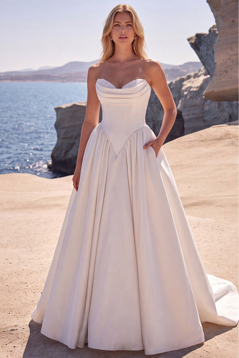 Laden Sie das Bild in den Galerie-Viewer, A-Linie Sweetheart Weißes Korsett Baskisches Langes Brautkleid
