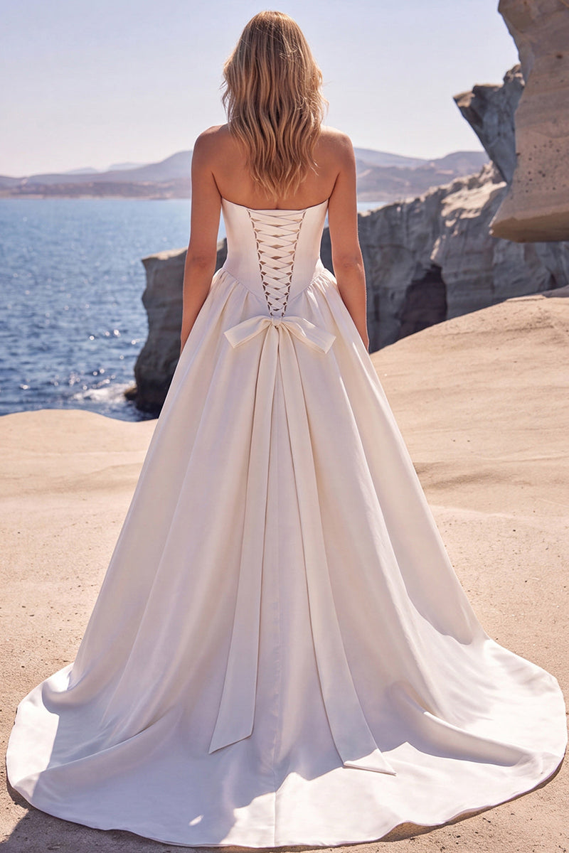 Laden Sie das Bild in den Galerie-Viewer, A-Linie Sweetheart Weißes Korsett Baskisches Langes Brautkleid