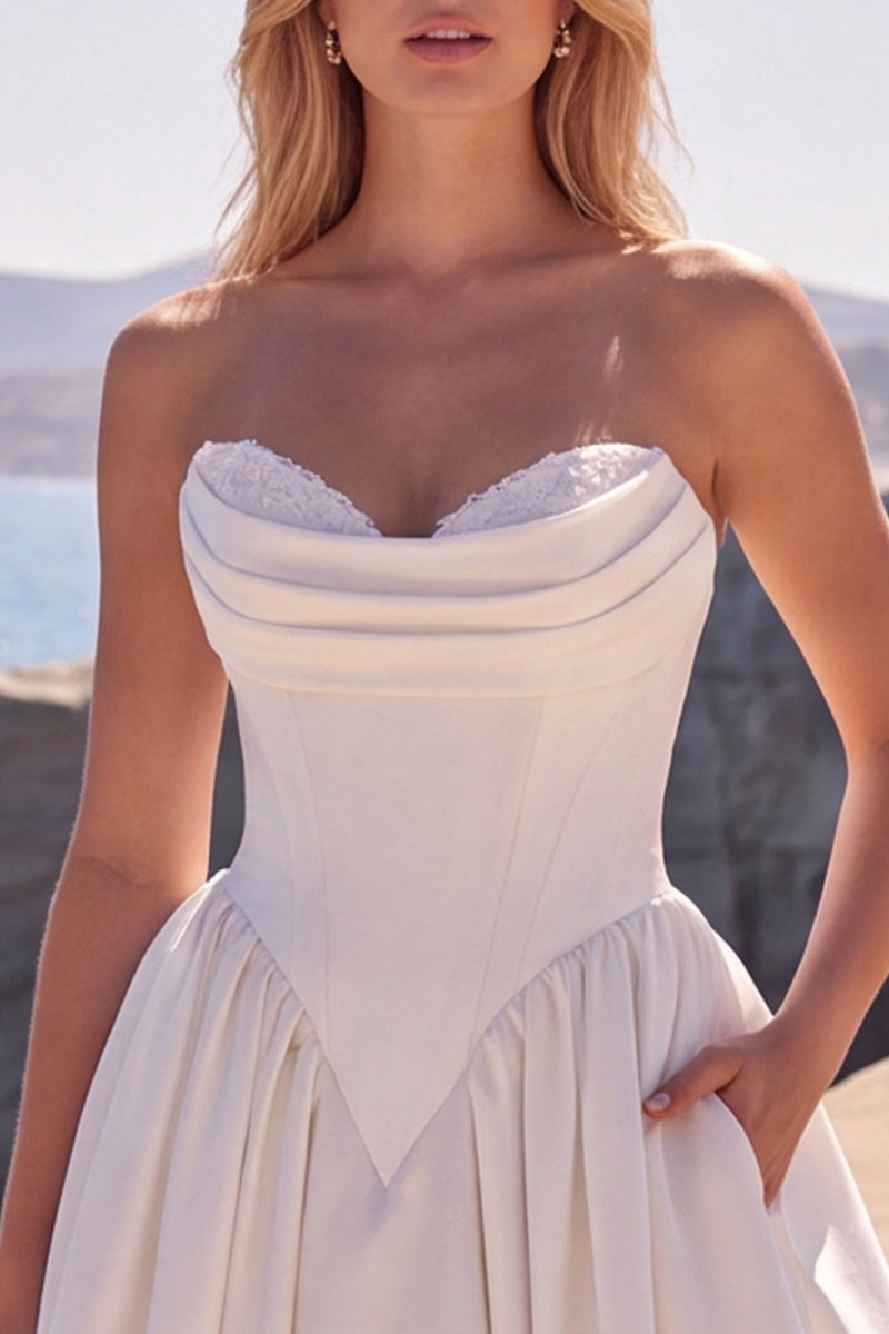 Laden Sie das Bild in den Galerie-Viewer, A-Linie Sweetheart Weißes Korsett Baskisches Langes Brautkleid