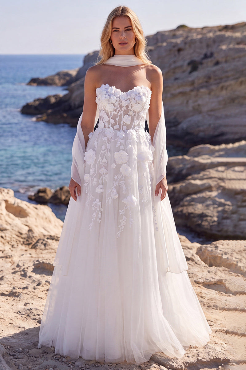 Laden Sie das Bild in den Galerie-Viewer, Weißes Tüll A-Linie Blumen Korsett Sweetheart Langes Hochzeitskleid mit Applikationen