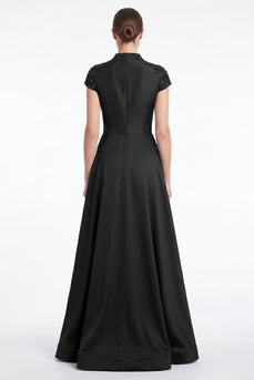 A-Linie Schwarzes V-Ausschnitt Brautmutterkleid mit Applikationen und Mützenärmeln