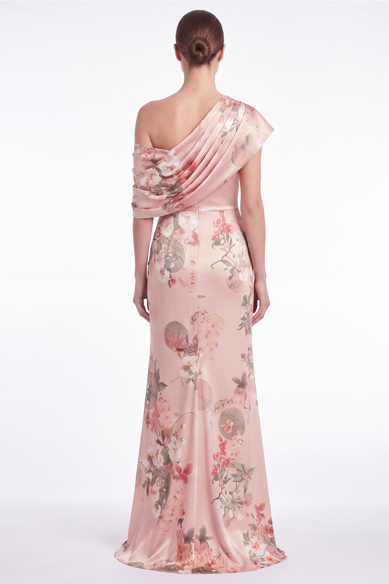 Laden Sie das Bild in den Galerie-Viewer, Rosa Blumen Satin Ein Schulter Meerjungfrauen Maxikleid mit Falten