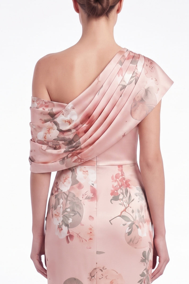 Laden Sie das Bild in den Galerie-Viewer, Rosa Blumen Satin Ein Schulter Meerjungfrauen Maxikleid mit Falten