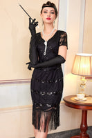 Laden Sie das Bild in den Galerie-Viewer, Grünes Doldenes V-Ausschnitt mit kurzen durchsichtigen Ärmeln Pailletten Bodycon 1920er Jahre Kleid mit Fransen