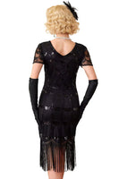Laden Sie das Bild in den Galerie-Viewer, Grünes Doldenes V-Ausschnitt mit kurzen durchsichtigen Ärmeln Pailletten Bodycon 1920er Jahre Kleid mit Fransen