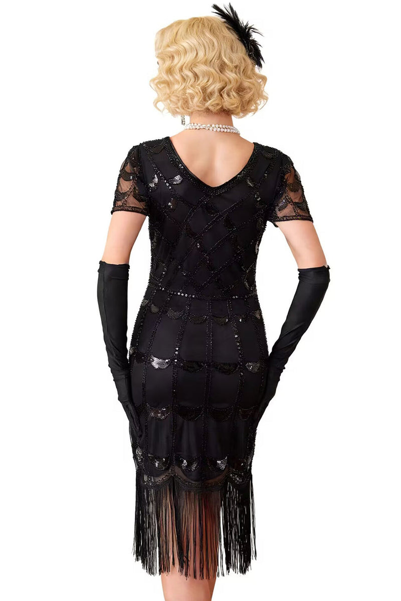 Laden Sie das Bild in den Galerie-Viewer, Grünes Doldenes V-Ausschnitt mit kurzen durchsichtigen Ärmeln Pailletten Bodycon 1920er Jahre Kleid mit Fransen