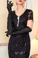 Laden Sie das Bild in den Galerie-Viewer, Grünes Doldenes V-Ausschnitt mit kurzen durchsichtigen Ärmeln Pailletten Bodycon 1920er Jahre Kleid mit Fransen