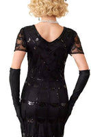 Laden Sie das Bild in den Galerie-Viewer, Grünes Doldenes V-Ausschnitt mit kurzen durchsichtigen Ärmeln Pailletten Bodycon 1920er Jahre Kleid mit Fransen