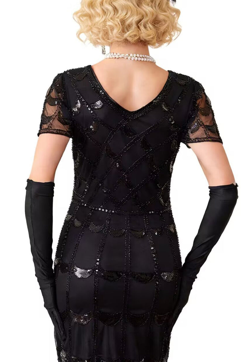 Laden Sie das Bild in den Galerie-Viewer, Grünes Doldenes V-Ausschnitt mit kurzen durchsichtigen Ärmeln Pailletten Bodycon 1920er Jahre Kleid mit Fransen