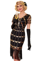 Laden Sie das Bild in den Galerie-Viewer, Grünes Doldenes V-Ausschnitt mit kurzen durchsichtigen Ärmeln Pailletten Bodycon 1920er Jahre Kleid mit Fransen