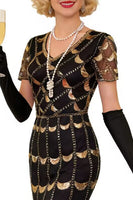 Laden Sie das Bild in den Galerie-Viewer, Grünes Doldenes V-Ausschnitt mit kurzen durchsichtigen Ärmeln Pailletten Bodycon 1920er Jahre Kleid mit Fransen