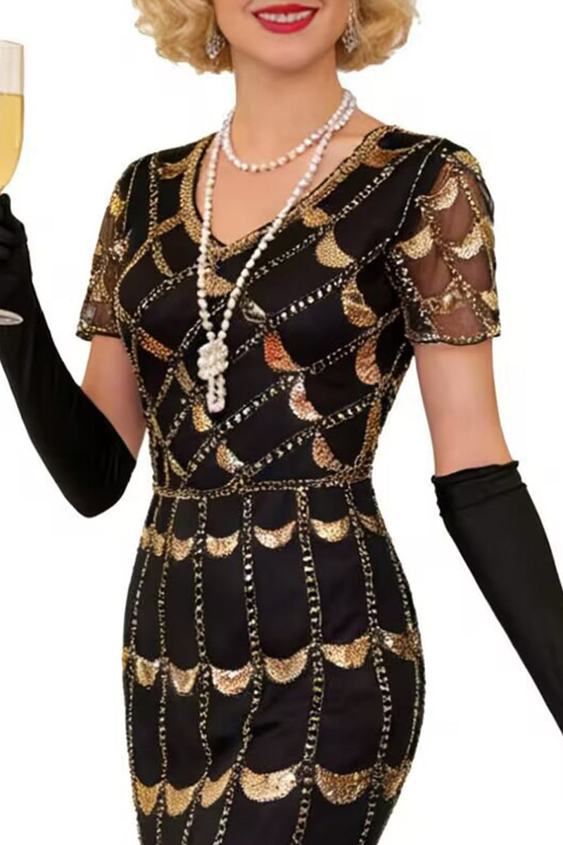 Laden Sie das Bild in den Galerie-Viewer, Grünes Doldenes V-Ausschnitt mit kurzen durchsichtigen Ärmeln Pailletten Bodycon 1920er Jahre Kleid mit Fransen