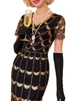 Laden Sie das Bild in den Galerie-Viewer, Grünes Doldenes V-Ausschnitt mit kurzen durchsichtigen Ärmeln Pailletten Bodycon 1920er Jahre Kleid mit Fransen
