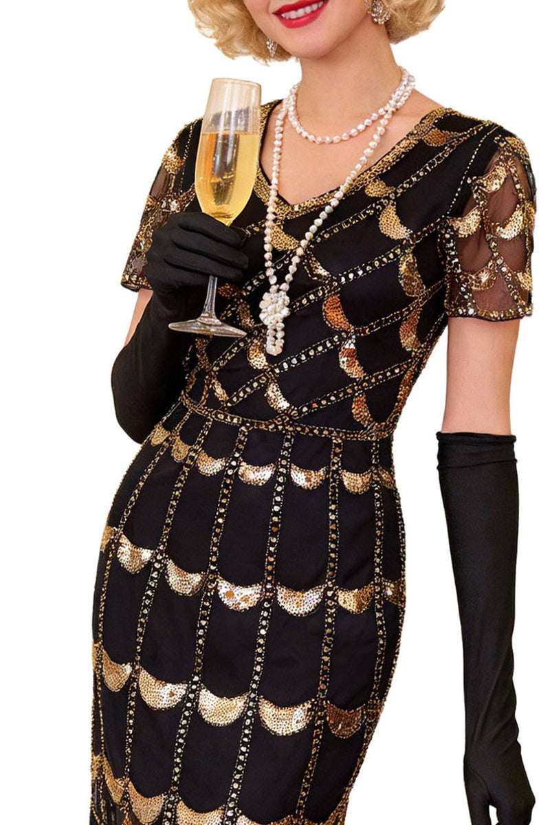 Laden Sie das Bild in den Galerie-Viewer, Grünes Doldenes V-Ausschnitt mit kurzen durchsichtigen Ärmeln Pailletten Bodycon 1920er Jahre Kleid mit Fransen