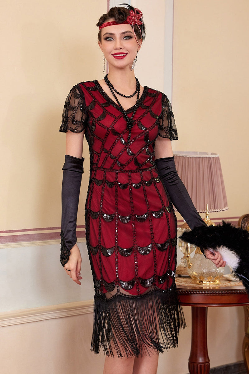 Laden Sie das Bild in den Galerie-Viewer, Grünes Doldenes V-Ausschnitt mit kurzen durchsichtigen Ärmeln Pailletten Bodycon 1920er Jahre Kleid mit Fransen