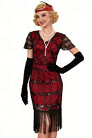 Laden Sie das Bild in den Galerie-Viewer, Grünes Doldenes V-Ausschnitt mit kurzen durchsichtigen Ärmeln Pailletten Bodycon 1920er Jahre Kleid mit Fransen