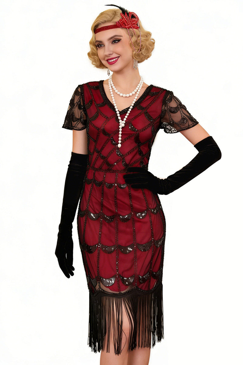Laden Sie das Bild in den Galerie-Viewer, Grünes Doldenes V-Ausschnitt mit kurzen durchsichtigen Ärmeln Pailletten Bodycon 1920er Jahre Kleid mit Fransen