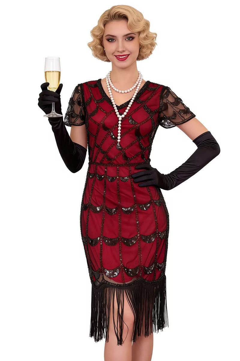 Laden Sie das Bild in den Galerie-Viewer, Grünes Doldenes V-Ausschnitt mit kurzen durchsichtigen Ärmeln Pailletten Bodycon 1920er Jahre Kleid mit Fransen