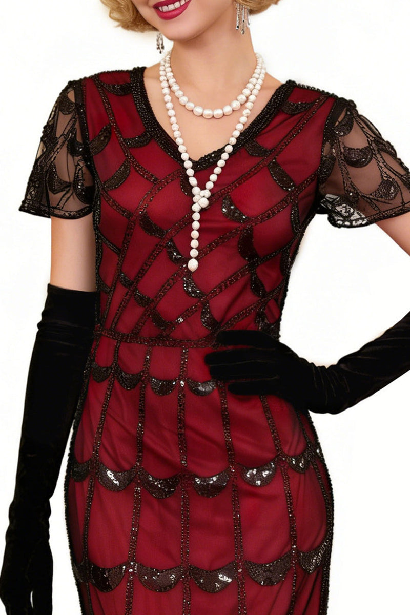Laden Sie das Bild in den Galerie-Viewer, Grünes Doldenes V-Ausschnitt mit kurzen durchsichtigen Ärmeln Pailletten Bodycon 1920er Jahre Kleid mit Fransen
