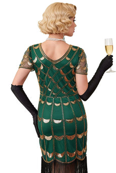 Grünes Doldenes V-Ausschnitt mit kurzen durchsichtigen Ärmeln Pailletten Bodycon 1920er Jahre Kleid mit Fransen