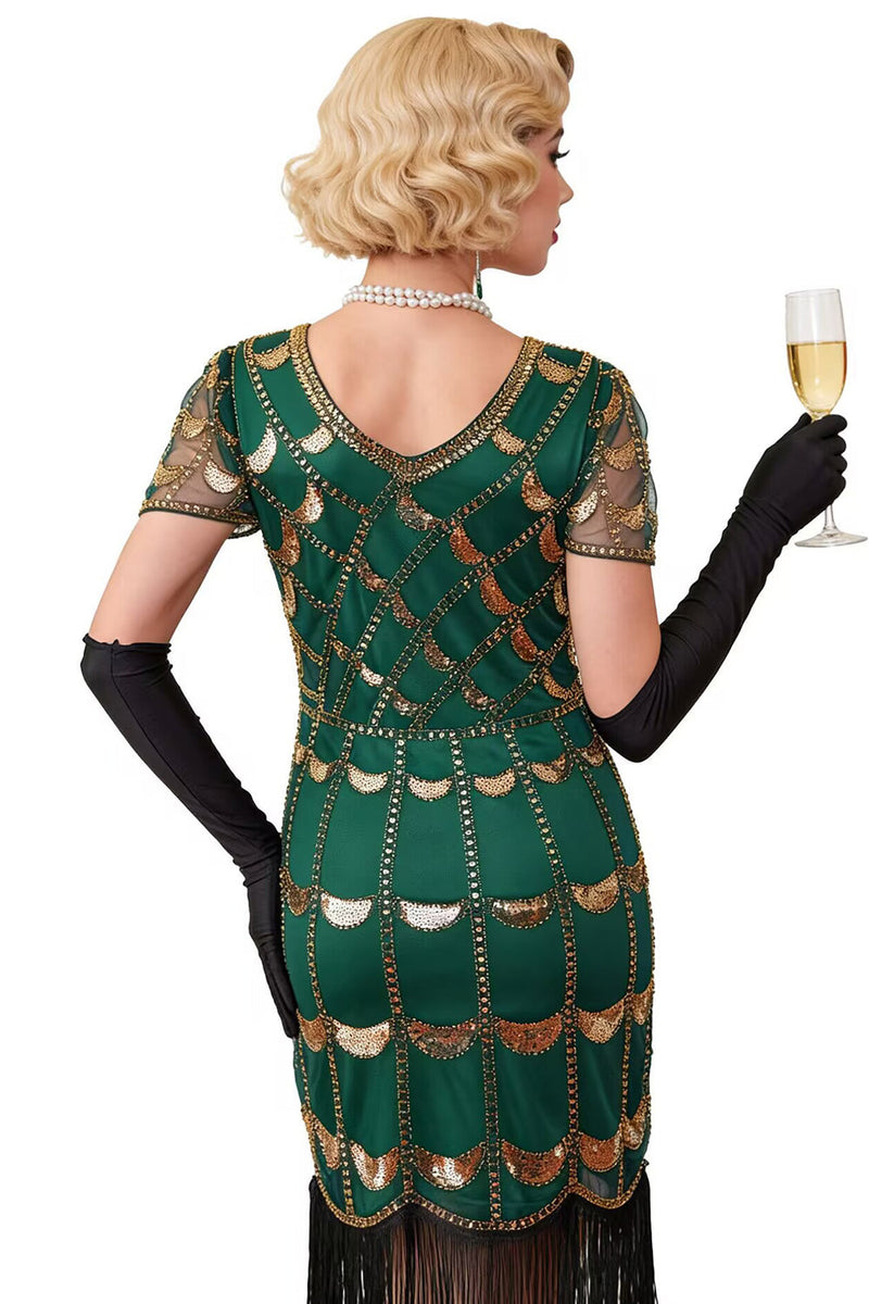 Laden Sie das Bild in den Galerie-Viewer, Grünes Doldenes V-Ausschnitt mit kurzen durchsichtigen Ärmeln Pailletten Bodycon 1920er Jahre Kleid mit Fransen