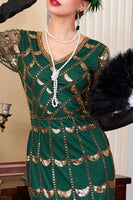 Laden Sie das Bild in den Galerie-Viewer, Grünes Doldenes V-Ausschnitt mit kurzen durchsichtigen Ärmeln Pailletten Bodycon 1920er Jahre Kleid mit Fransen